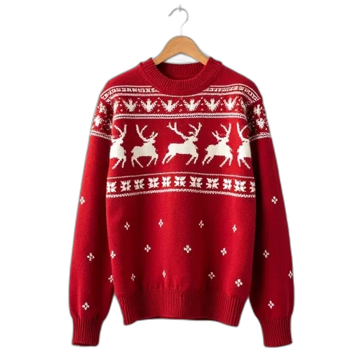 red, sweater, festive, pattern, featuring, reindeer, snowflakes, displayed transparent PNG cut-out