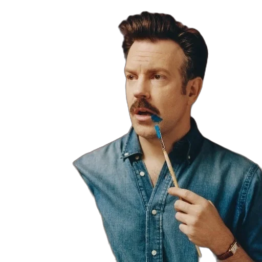 hair, staff, jacket, man, denim, shirt, holds, paintbrush transparent PNG cut-out