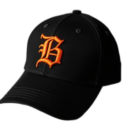 hat, 3d render, black, orange, letter, embroidered, front transparent PNG cut-out