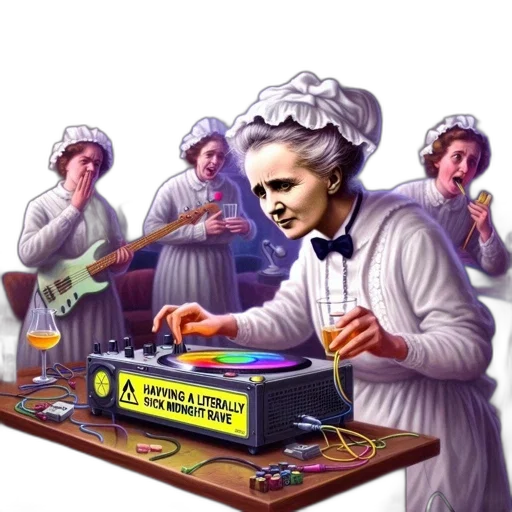 fire, elderly, woman, plays, mid-century, vinyl, record, while transparent PNG cut-out