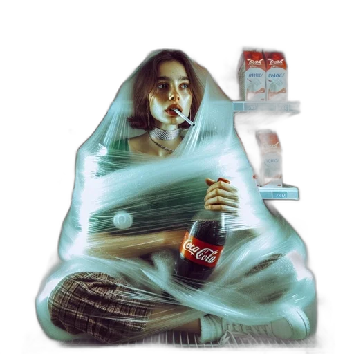 bottle, jacket, food, dress, concept art, vaporwave, photorealistic, oil painting transparent PNG cut-out