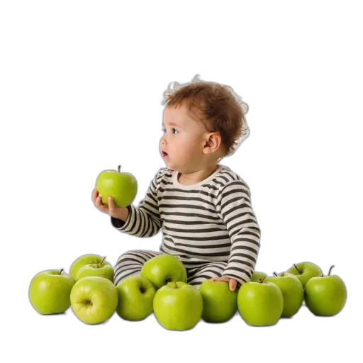 food, weapon, photorealistic, green, toddler, striped, outfit, sitting transparent PNG cut-out