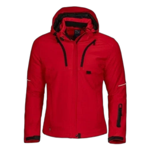 jacket, red, hood, black, accents, featuring, zipper, pockets transparent PNG cut-out