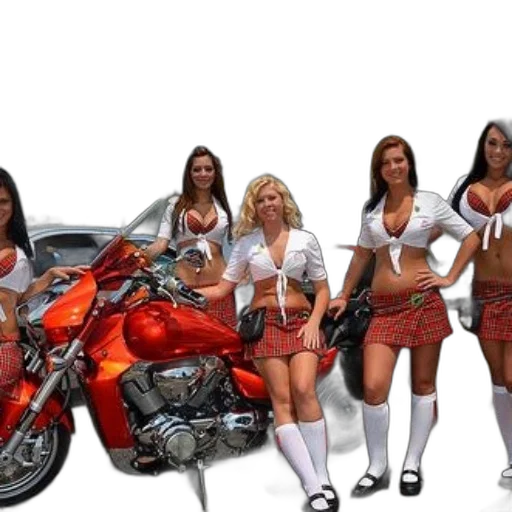 car, photorealistic, concept art, 3d render, group, women, plaid, skirts transparent PNG cut-out