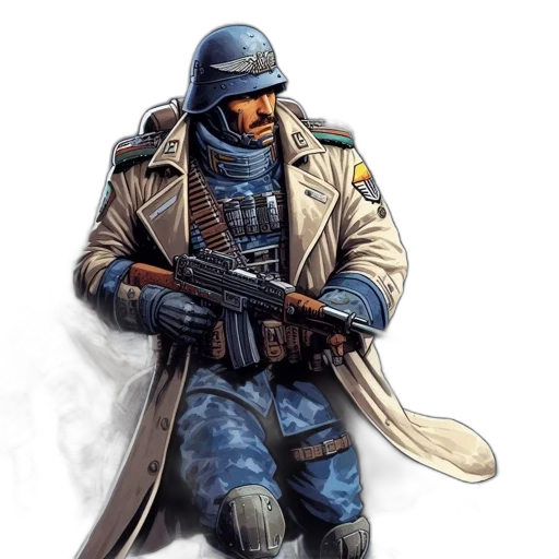 weapon, jacket, staff, concept art, fantasy art, comic book art, cyberpunk, blue transparent PNG cut-out