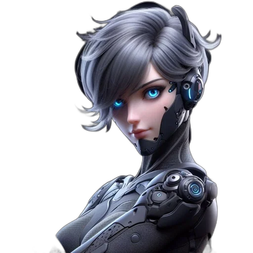 robot, face, concept art, cyberpunk, fantasy art, 3d render, blue, dark transparent PNG cut-out