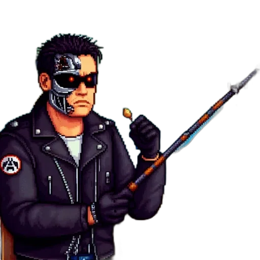 jacket, weapon, staff, robot, cyberpunk, pixel art, concept art, comic book art transparent PNG cut-out