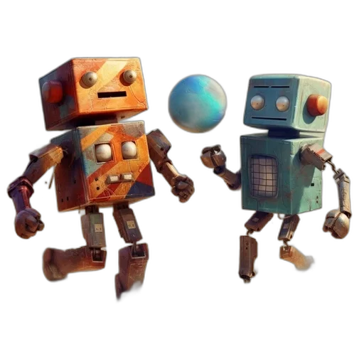 robot, 3d render, concept art, pixel art, fantasy art, two, robots, stand transparent PNG cut-out
