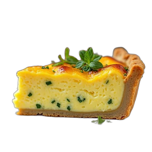food, photorealistic, 3d render, close-up, view, slice, quiche, golden-brown transparent PNG cut-out