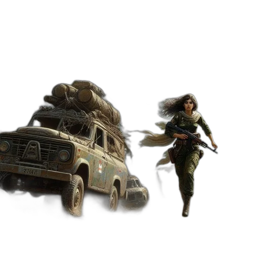 weapon, car, hair, concept art, fantasy art, comic book art, 3d render, earth tones transparent PNG cut-out