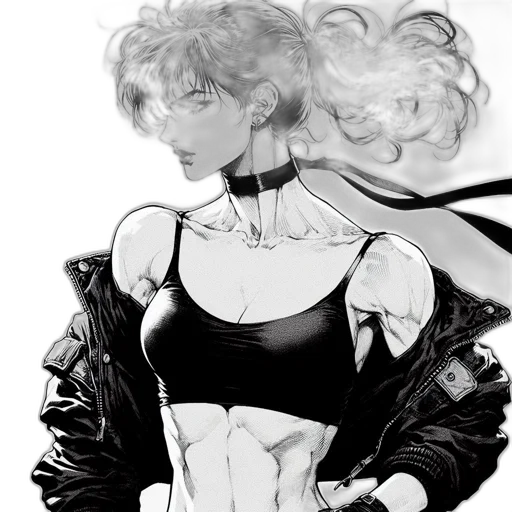 jacket, dress, robot, weapon, cyberpunk, comic book art, anime, concept art transparent PNG cut-out