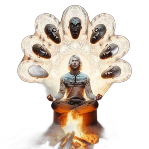 crown, mask, jewelry, concept art, 3d render, fire, man, meditative transparent PNG cut-out