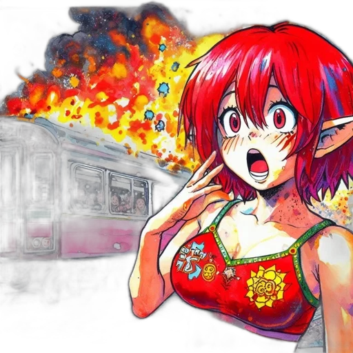 anime, concept art, watercolor, fantasy art, fire, city street, red, fiery transparent PNG cut-out