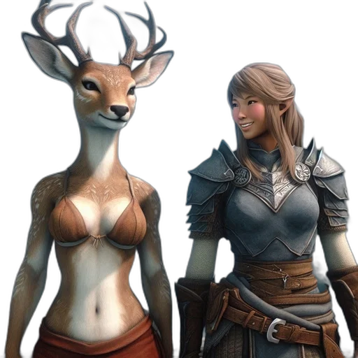 concept art, fantasy art, 3d render, comic book art, earth tones, elf-like, humanoid, deer-humanoid transparent PNG cut-out