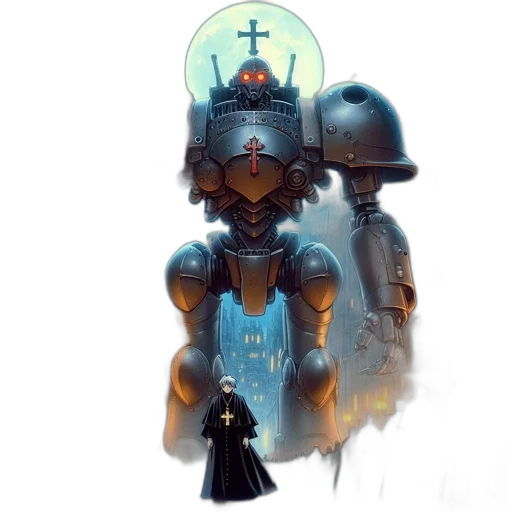 robot, sword, weapon, concept art, fantasy art, cyberpunk, comic book art, blue transparent PNG cut-out