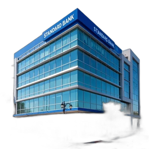 building, photorealistic, 3d render, modern, glass, blue, sign, reads transparent PNG cut-out