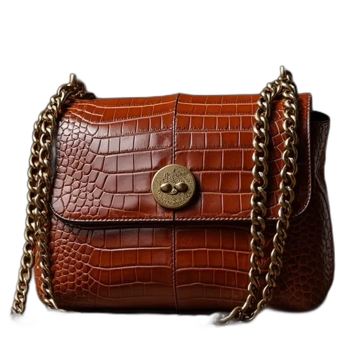 brown, crocodile, purse, metal, straps transparent PNG cut-out