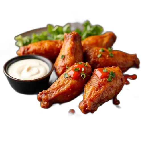 food, photorealistic, 3d render, plate, chicken, wings, variety, sauces transparent PNG cut-out
