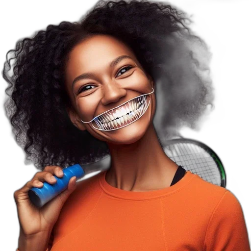 mask, photorealistic, 3d render, energetic, woman, smiling, widely, wears transparent PNG cut-out
