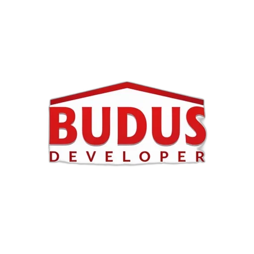 staff, building, red, white, logo, featuring, word, budus transparent PNG cut-out
