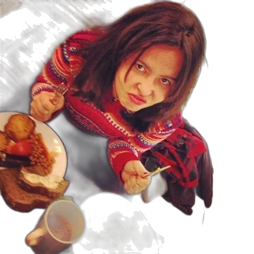 food, photorealistic, oil painting, 3d render, concept art, woman, red, sweater transparent PNG cut-out