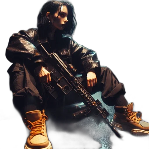 weapon, jacket, cyberpunk, concept art, pixel art, photorealistic, individual, dressed transparent PNG cut-out