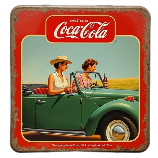 car, bottle, food, hat, photorealistic, oil painting, vintage, coca-cola transparent PNG cut-out