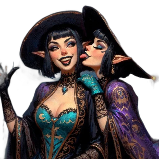 fantasy art, concept art, comic book art, photorealistic, dark, two, female, characters transparent PNG cut-out