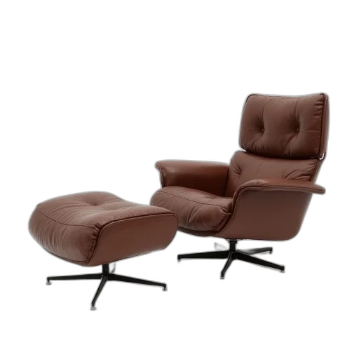 furniture, 3d render, photorealistic, brown, leather, lounge, chair, ottoman transparent PNG cut-out