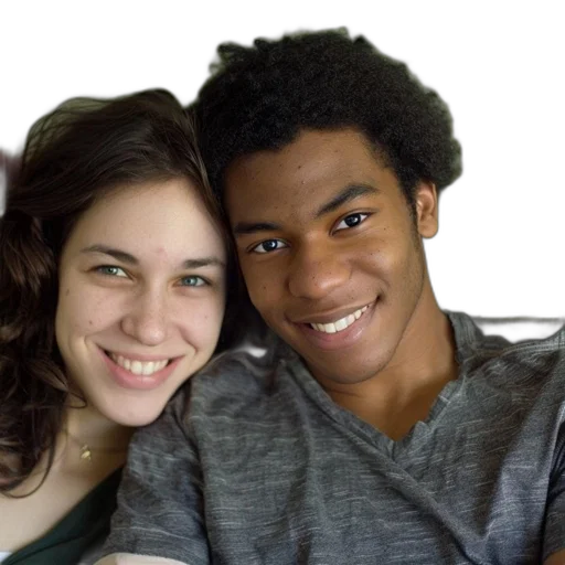face, hair, photorealistic, young, man, woman, sit, together transparent PNG cut-out