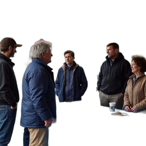 staff, jacket, city street, group, people, gathered, around, table transparent PNG cut-out
