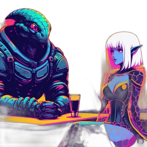 robot, sword, cyberpunk, concept art, fantasy art, vaporwave, outer space, neon lights transparent PNG cut-out