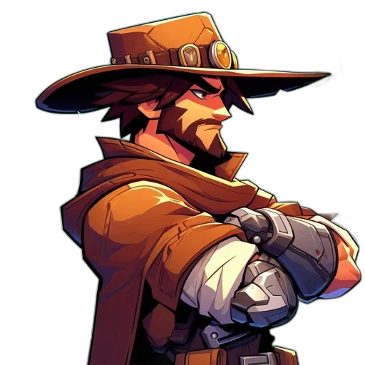 staff, hat, jacket, weapon, concept art, pixel art, comic book art, cartoon transparent PNG cut-out