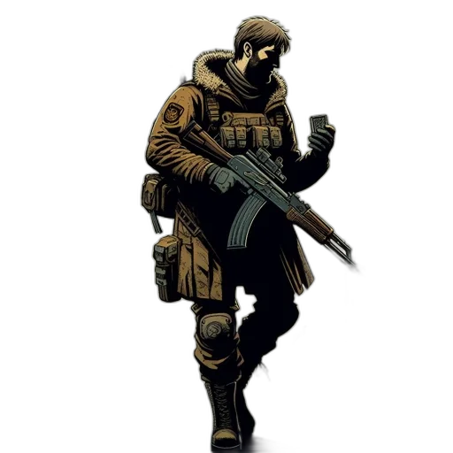 weapon, jacket, staff, concept art, comic book art, pixel art, fantasy art, earth tones transparent PNG cut-out