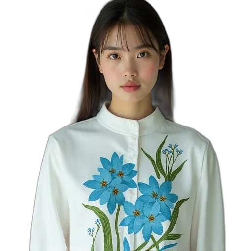 jacket, dress, flower, oil painting, photorealistic, blue, monochrome, woman transparent PNG cut-out