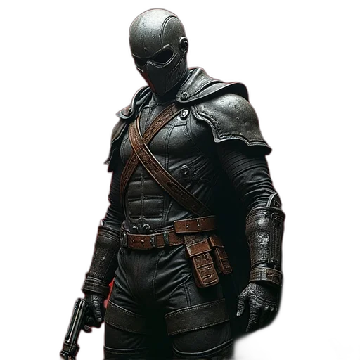 jacket, weapon, mask, staff, concept art, 3d render, comic book art, fantasy art transparent PNG cut-out