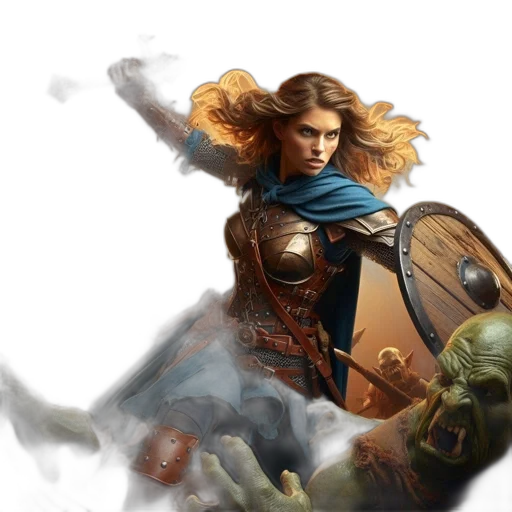sword, fantasy art, concept art, comic book art, photorealistic, fire, fierce, woman transparent PNG cut-out
