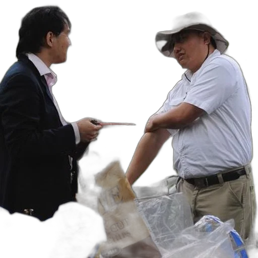 staff, umbrella, hat, two, men, stand, front, pile transparent PNG cut-out