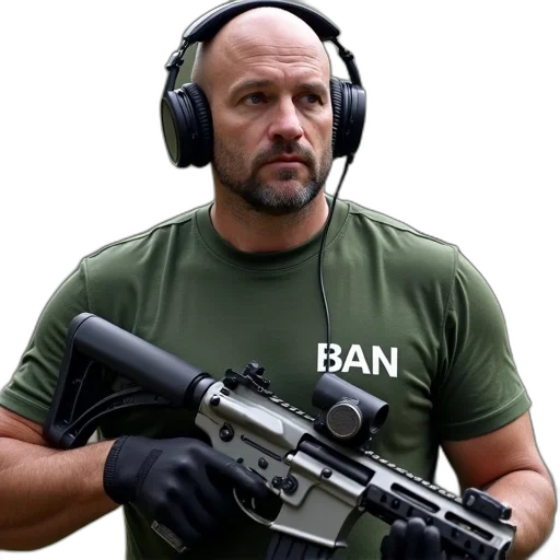 weapon, staff, man, bald, head, wearing, headphones, holding transparent PNG cut-out