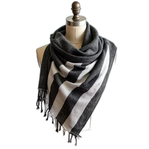 monochrome, black, white, striped, shawl, frayed, edges, draped transparent PNG cut-out