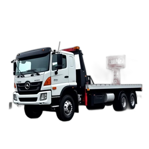 photorealistic, 3d render, white, tow, truck, flatbed, parked, wet transparent PNG cut-out