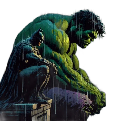 comic book art, concept art, green, hulk, batman, sit, ledge, lost transparent PNG cut-out