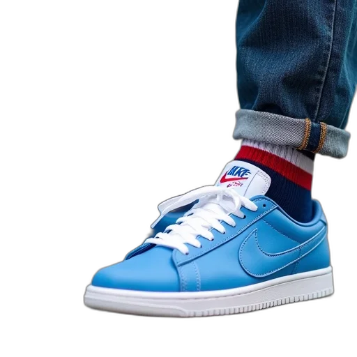 shoes, photorealistic, 3d render, blue, person, wearing, pair, sneakers transparent PNG cut-out