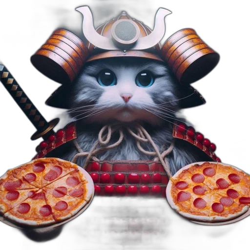 food, fantasy art, concept art, 3d render, pixel art, cat, wearing, samurai transparent PNG cut-out