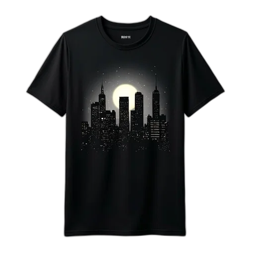 3d render, cyberpunk, black, t-shirt, silhouette, city, skyline, night transparent PNG cut-out