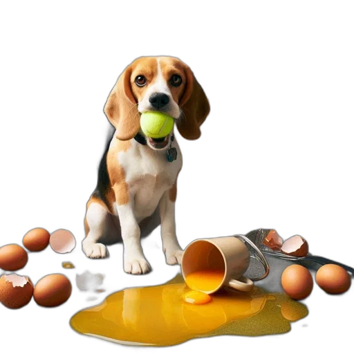 food, photorealistic, beagle, dog, sits, gray, carpeted, floor transparent PNG cut-out