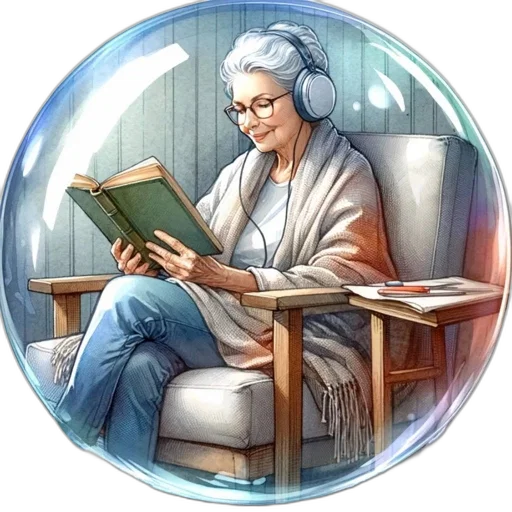 concept art, comic book art, photorealistic, fantasy art, elderly, lady, reads, inside transparent PNG cut-out