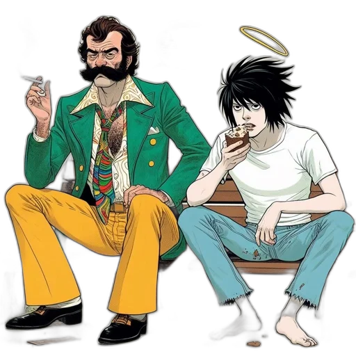 jacket, comic book art, concept art, cartoon, anime, green, two, characters transparent PNG cut-out