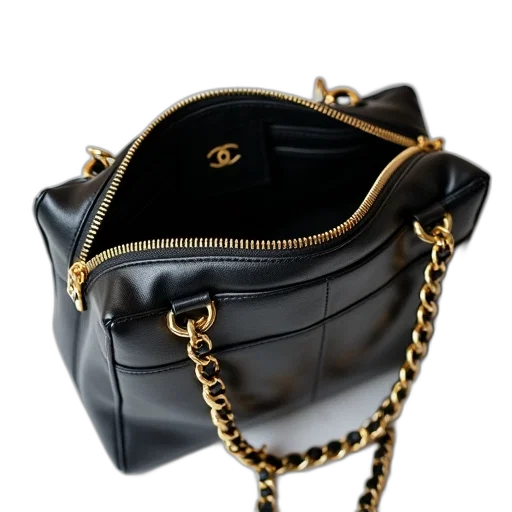 dark, black, leather, chanel, handbag, gold, zipper, chain transparent PNG cut-out