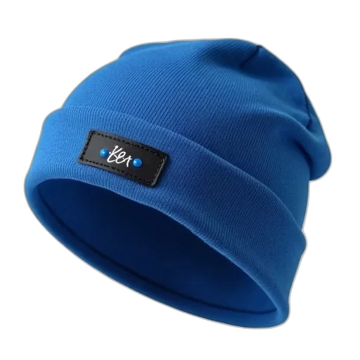hat, 3d render, blue, beanie, black, label, featuring, logo transparent PNG cut-out